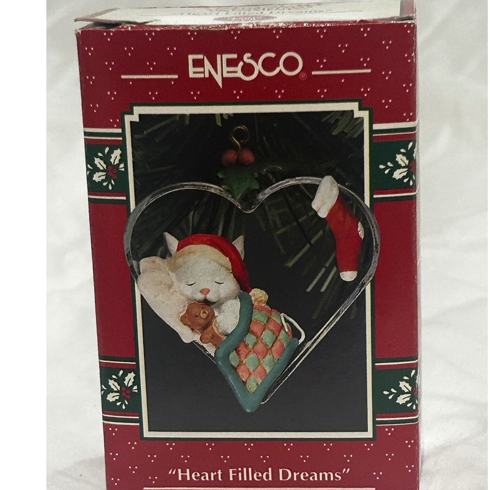 Vintage 1993 Enesco Heart Filled Dreams Sleeping Cat Christmas Ornament Boxed
